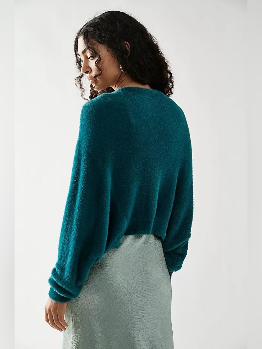 FREE PEOPLE Sz M FP ONE WYATT CARDI SOFT FUZZY BUTTON FRONT CARDIGAN TEAL - Picture 2 of 13